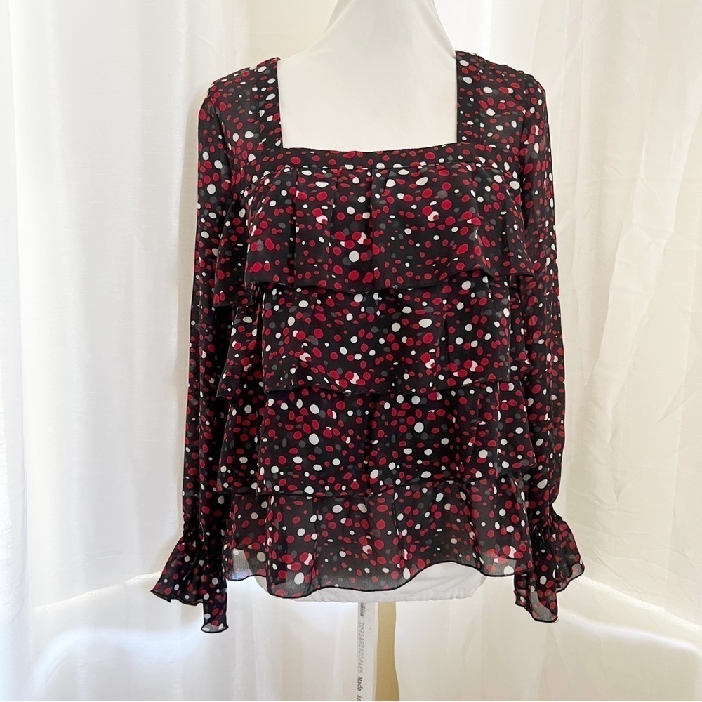 Apostrophe Polka Dot Tiered Ruffle Blouse Medium Square Neck Sheer Sleeve Red